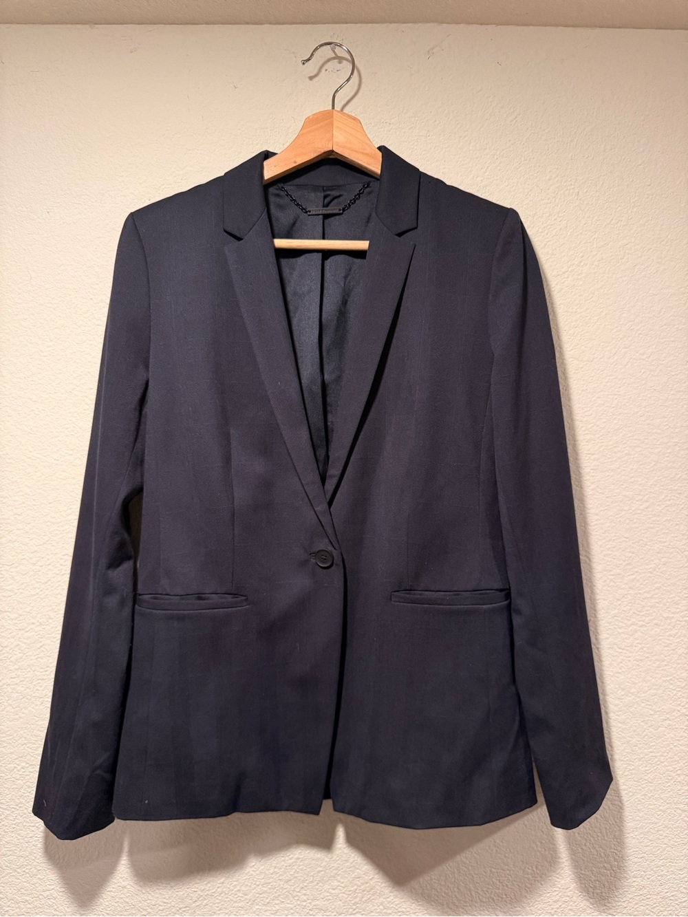 ELIE TAHARI Full Navy One Button Suit w/ Subtle Blue Grid Check & Matching Pants